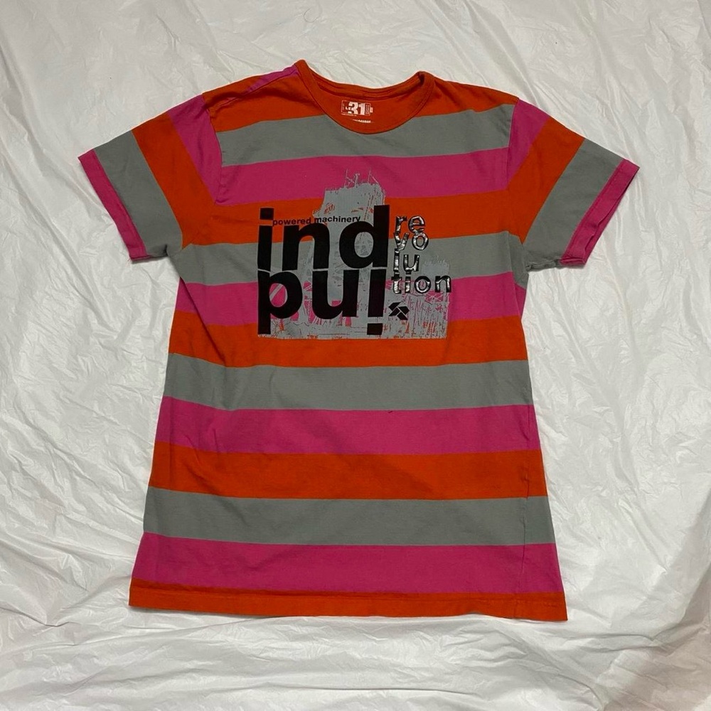 Pink and orange striped graphic tee with print